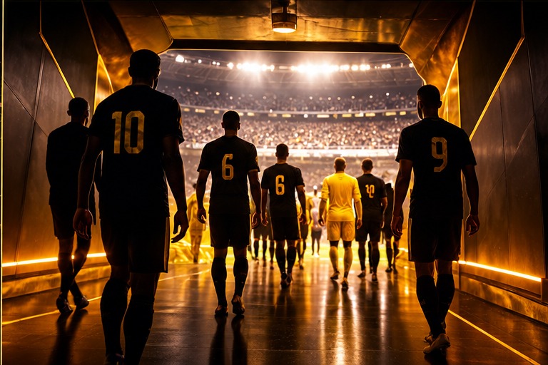 Players walking from a tunnel toward a floodlit stadium