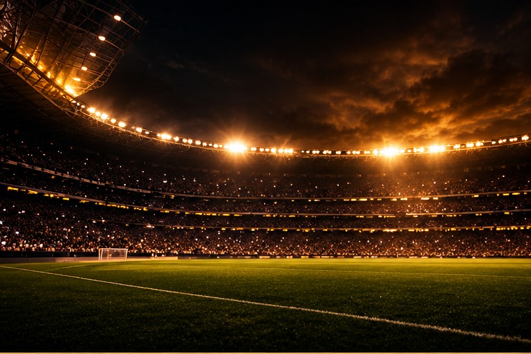 Floodlit football stadium in a dramatic gold and black atmosphere