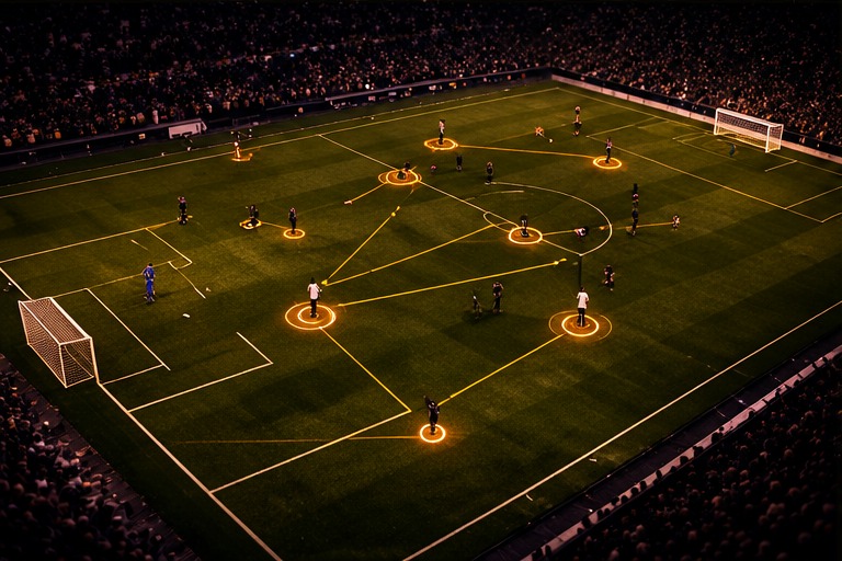 Overhead tactical football pitch with analysis routes